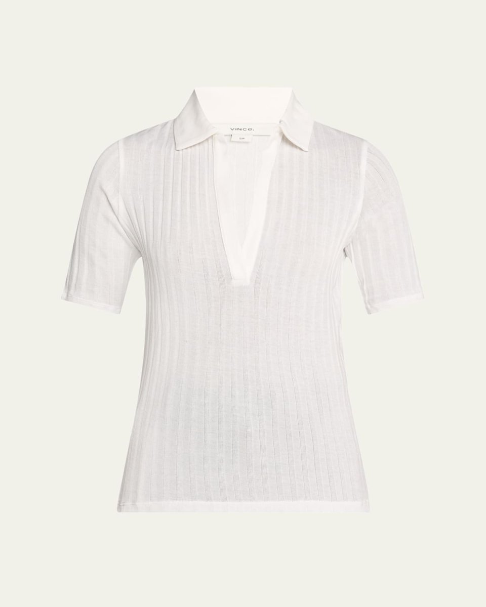 Elbow-Sleeve Silk Rib Polo Shirt